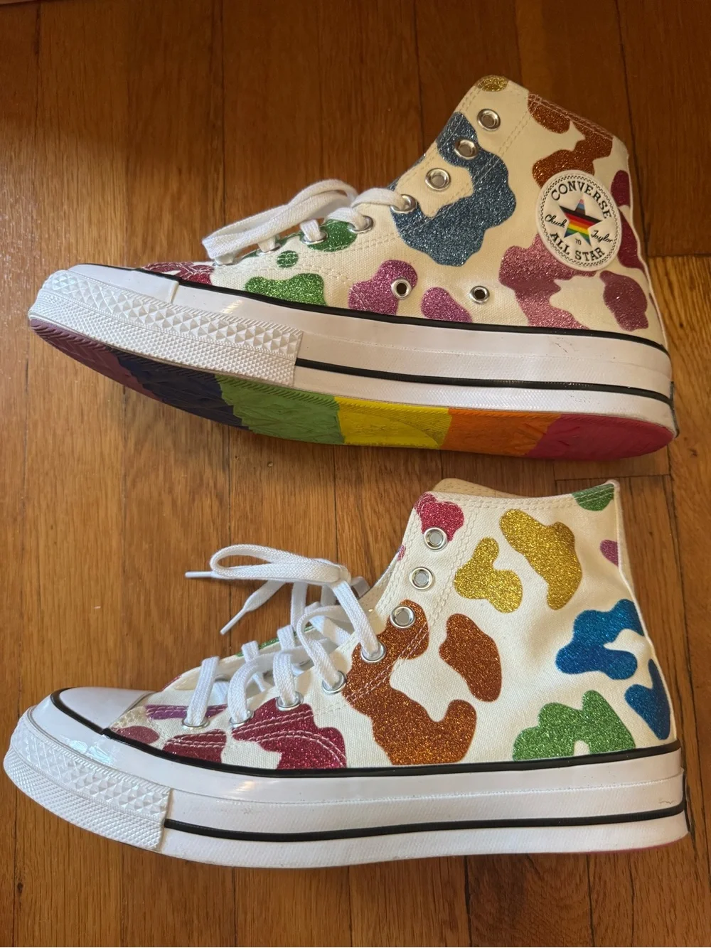 Converse White Canvas Hi Tops with Rainbow Glitter Leopard Print